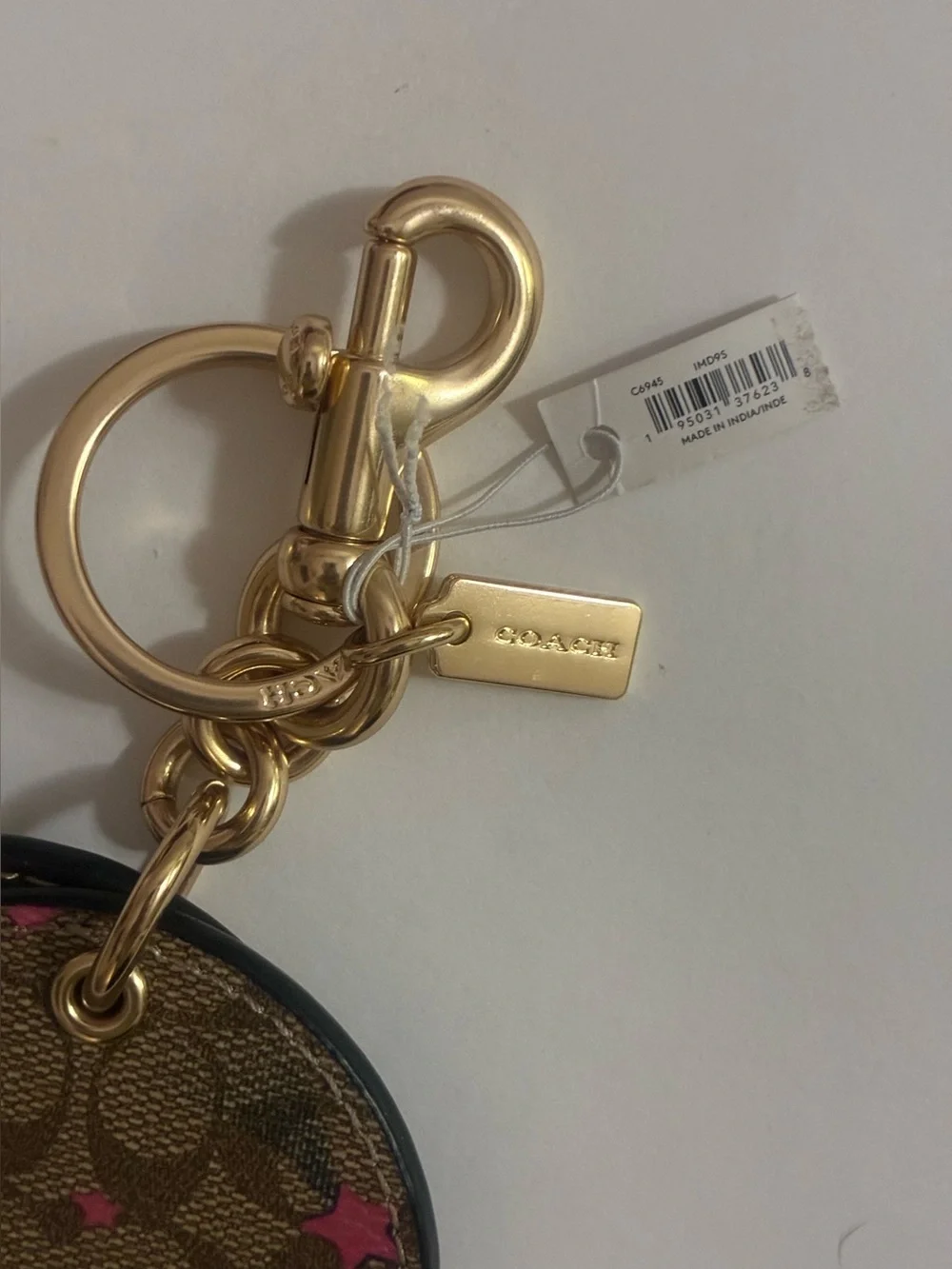 Coach Signature Mirror Bag Charm Keychain With Pink Disco Star Print C6945 NWT